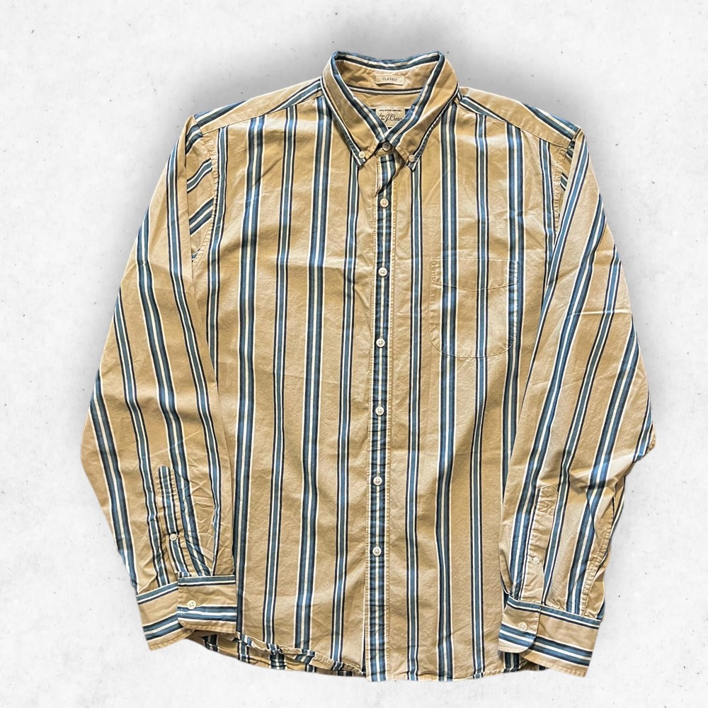 J. Crew Classic‎ Button Up Shirt Men's L Stripes Beige Blue 100% Cotton